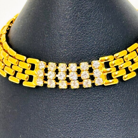 Vintage Gold-Tone Rhinestone Bracelet With Fold Over Clasp & Triple Row Design - Picture 6 of 8